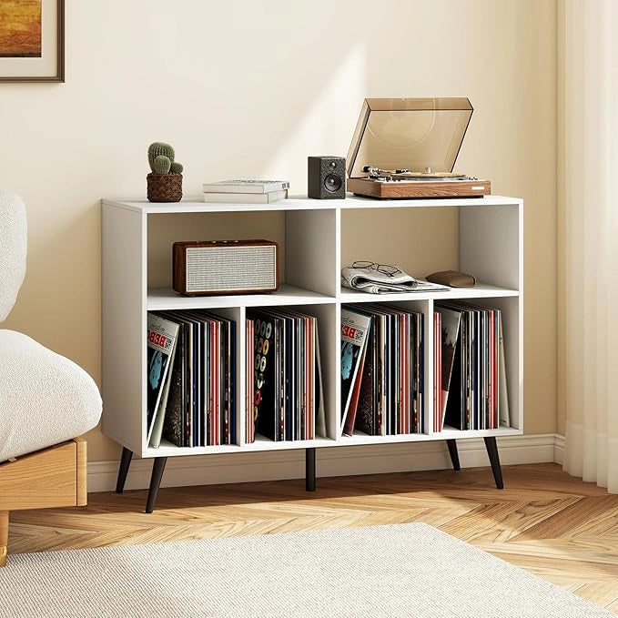 Supporto per Giradischi, Mobiletto per Giradischi a 3 Livelli con Scaffali per Vinili, Tavolino per Dischi con 5 Gambe, Scaffale Espositivo per Soggiorno, Sala Musica (Bianco)