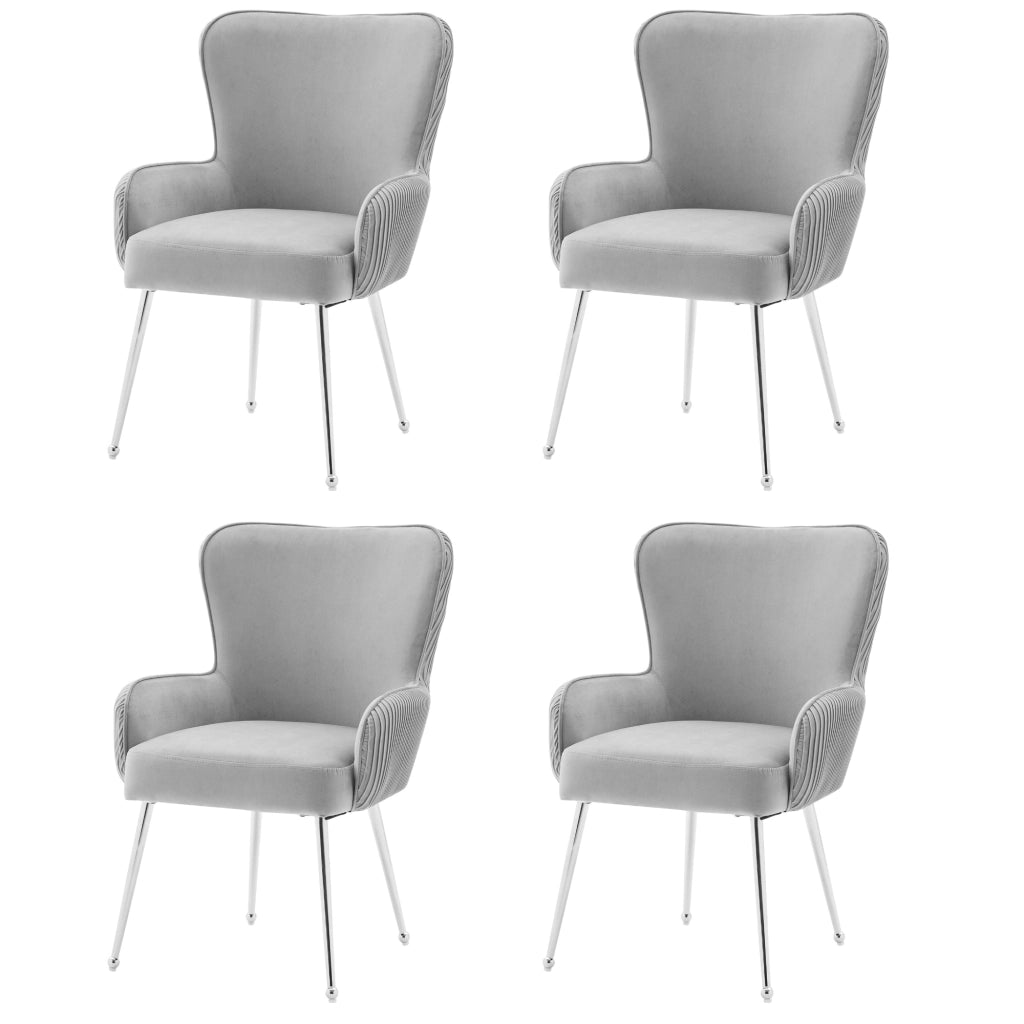 Set di 4 sedie da pranzo con braccioli e piedini regolabili in velluto grigio e argento