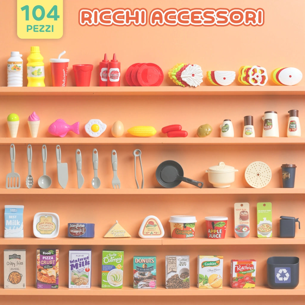 Cucina Giocattolo per Bambini 3-6 Anni con 104 Accessori, in PP, PE e ABS, 52.5x22x100 cm, Rosa