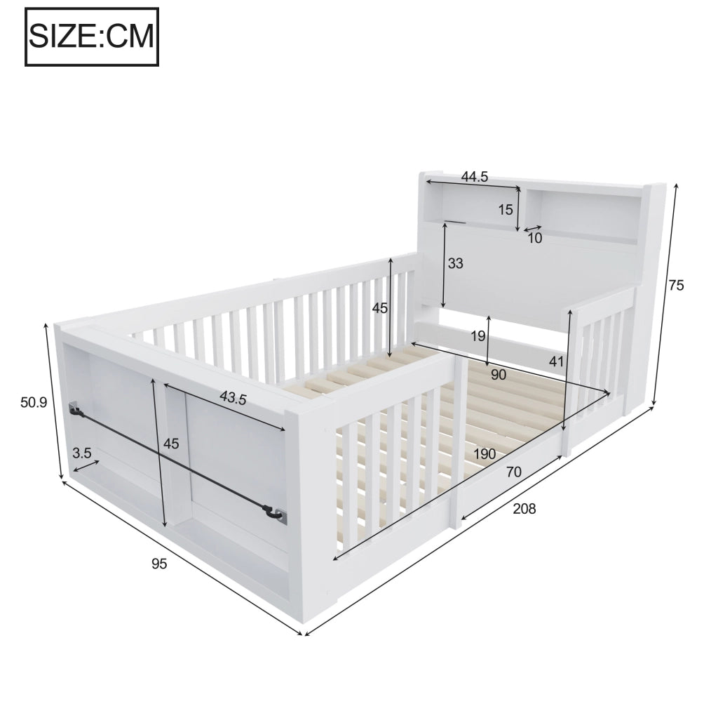 Letto per bambini 90x190 cm con sponde alte, USB e luce notturna bianco
