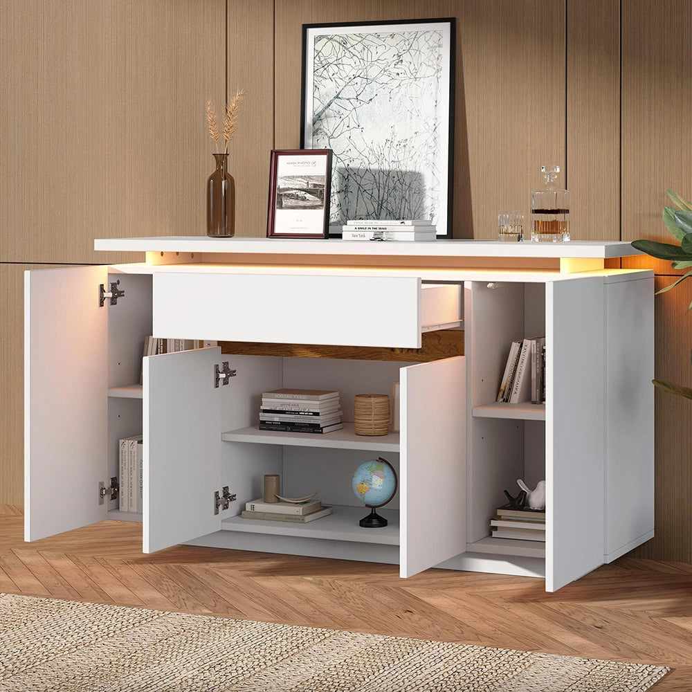 Buffet con illuminazione LED - Xylo - 140x40x80 cm - Bianco - 1 cassetto e 4 porte