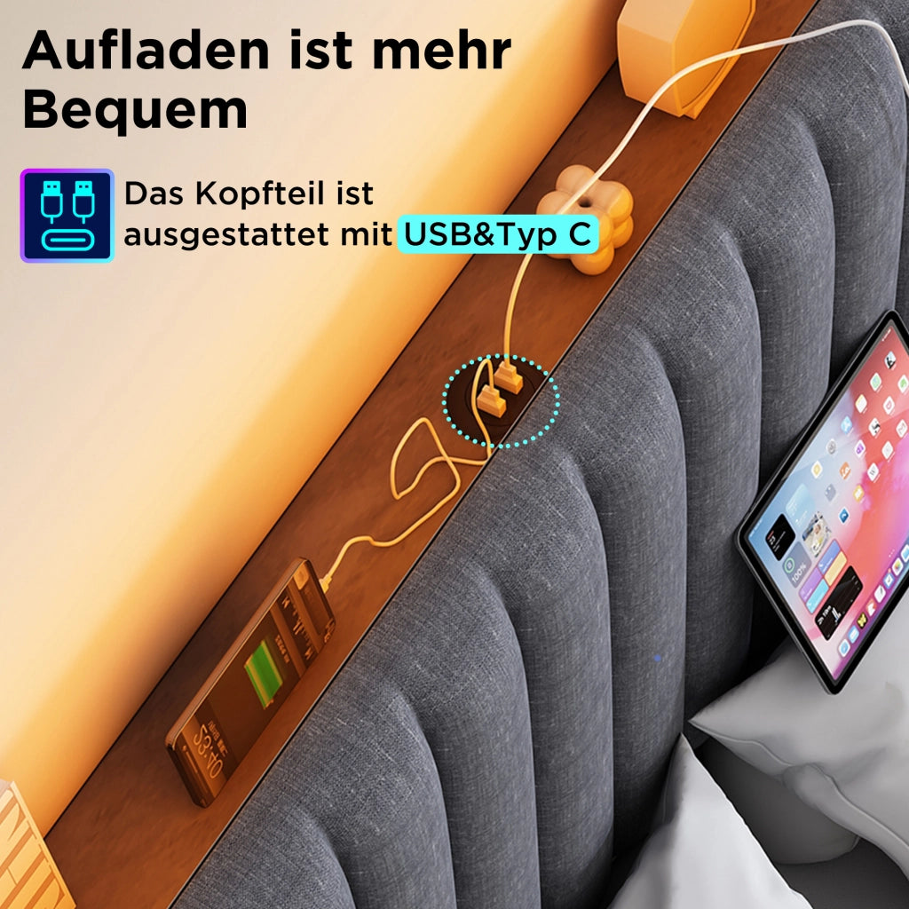 OKWISH Letto contenitore 160×200 cm, Letto Matrimoniale con LED controllabile tramite app, USB, Type C e Testiera Regolabile, con Materasso, Grigio