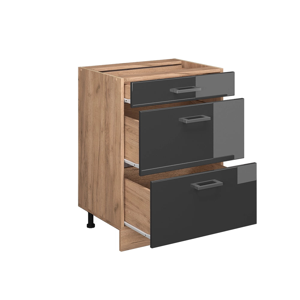 Mobiletto base per cucina R-Line Antracite lucido/Rovere dorato 60 cm con cassetti, senza piano di lavoro Vicco