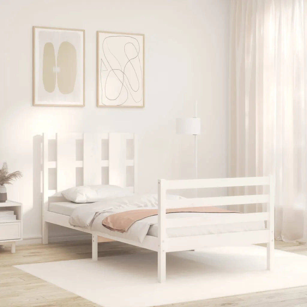 Giroletto con Testiera-Struttura Letto con testiera Bianco Single in Legno Massello 120244