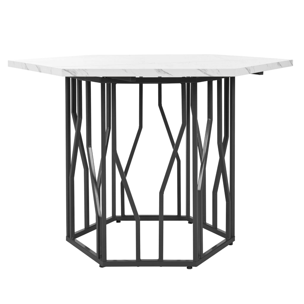 Tavolo da pranzo esagonale con piano effetto marmo in MDF e base in metallo nero per sala da pranzo e soggiorno