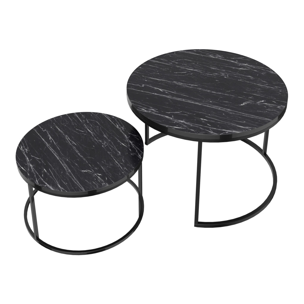 Set Skagen 2 Tavolini Sovrapponibili con Piani Rotondi e Telaio in Metallo - Effetto Marmo Nero / Nero [en.casa]
