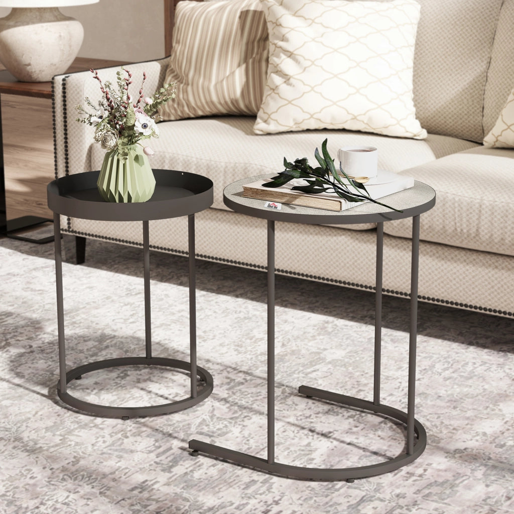 Set 2 Tavolini da Salotto Impilabili in Stile Industriale. in Legno e Metallo. ?42x54 cm e ?36.5x48.5 cm. Grigio e Nero
