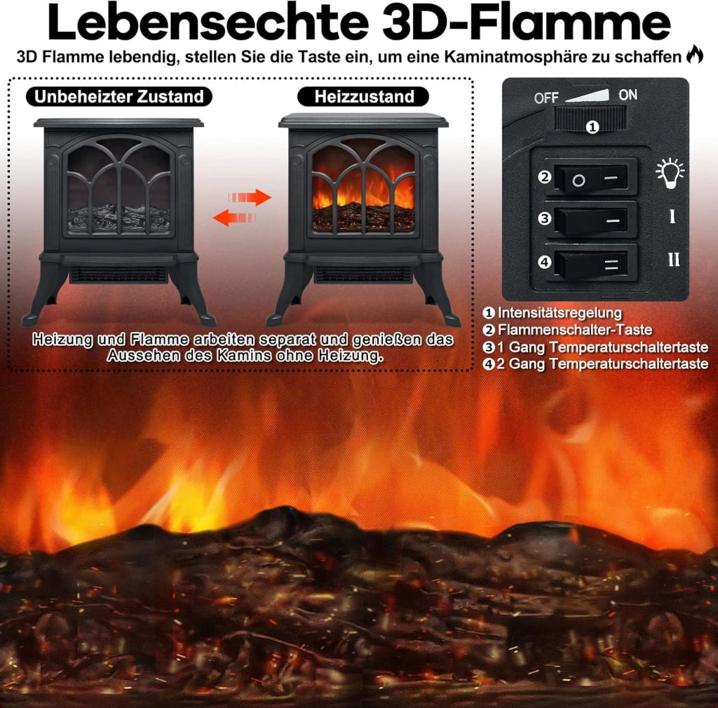Camino elettrico con riscaldamento, 750 W/1500 W, camino elettrico con effetto fiamma LED 3D, camino elettrico, temperatura regolabile, colore nero