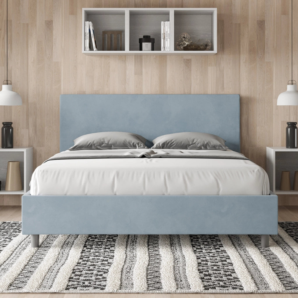 BS COM Letto queen size con rete imbottito 150x200 microfibra azzurro