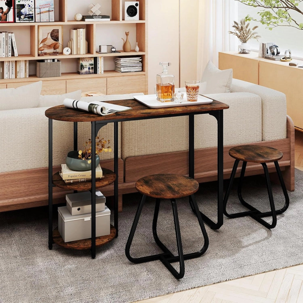 Set da Pranzo Industriale 3 Pezzi, Tavolo da Cucina in Legno con 2 Sgabelli e Ripiani Portaoggetti, Set da Pranzo Salvaspazio per Appartamenti, Cucina e Soggiorno (Caffè)
