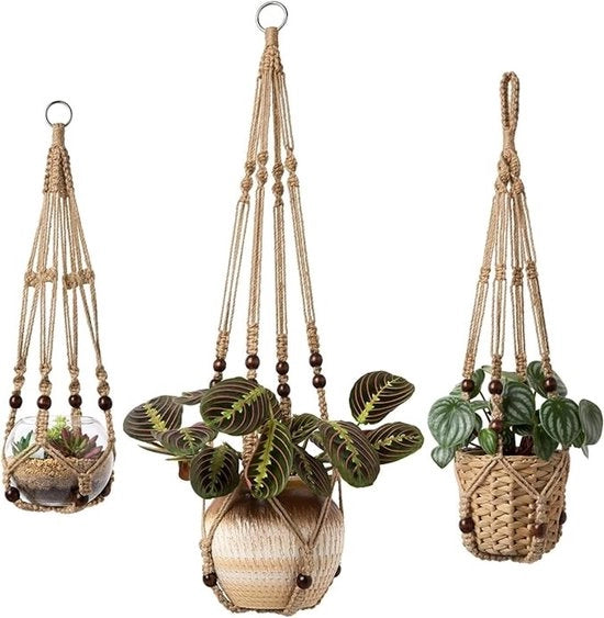 Set di 3 Appesi per Piante Cesto per Piante da Appendere Cesto per Fiori con Corda di Iuta con Perle Senza Trecce Corda di Iuta 58cm/73cm/89cm