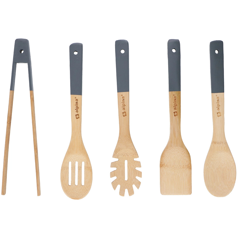 Set 5 Utensili da Cucina in Bambù Lunghezza 30 cm Antigraffio Colori Assortiti
