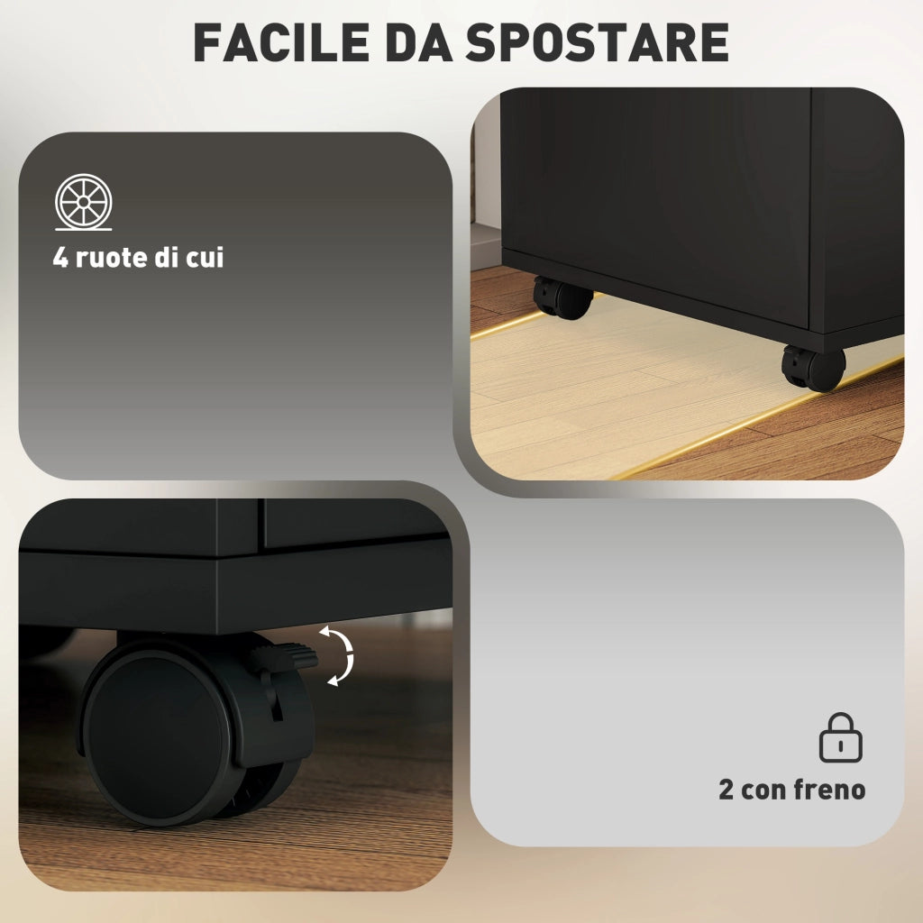 Cassettiera Portadocumenti a 4 Ruote 40x35x60 cm Cassetto con Serratura e Armadietto in Legno Nero