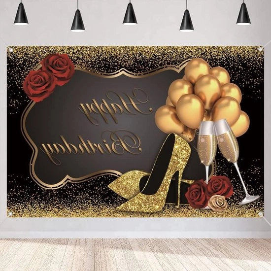 Decorazione di compleanno per donna - 30° 40° 50° 60° compleanno sfondo stoffa tavolo poster rosa nera oro fotobooth sfondo felice compleanno bandiera di festa