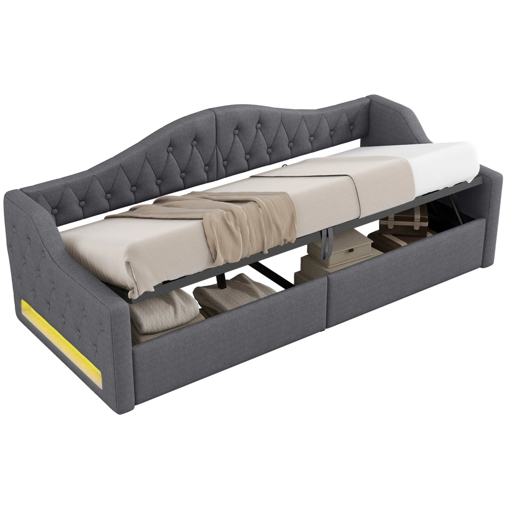Letto singolo imbottito 90x200 cm con LED, contenitore e struttura grigia