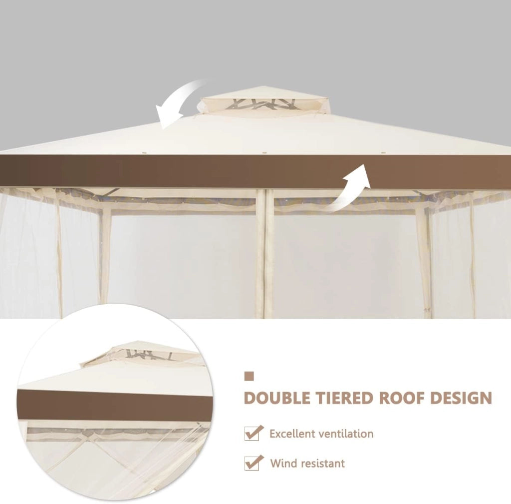 Gazebo da 3 x 3 m, con Doppio Tetto, Tenda da Giardino con Tenda e Pannelli Laterali e Rete, in Metallo, Tenda Gazebo da Esterno Impermeabile e Stabile, Beige