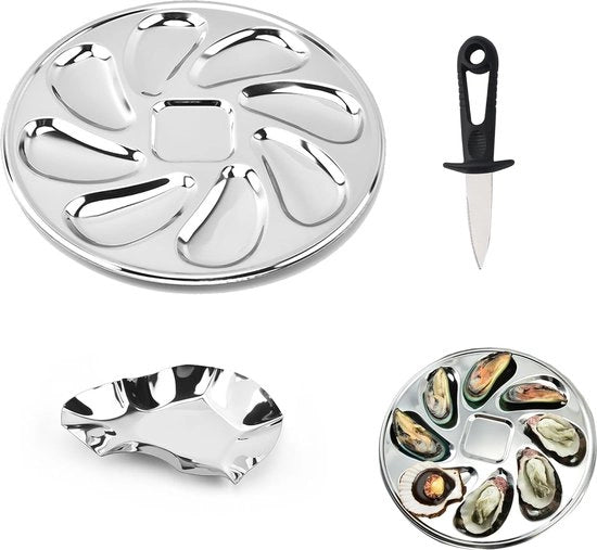 Set di 3 conchiglie in acciaio inossidabile, piatto grande, piatto conchiglia duraturo, piatto conchiglia con 8 spazi per le carte e forchetta per ostriche, ciotola per ostriche e crostacei, frutti di mare del mare