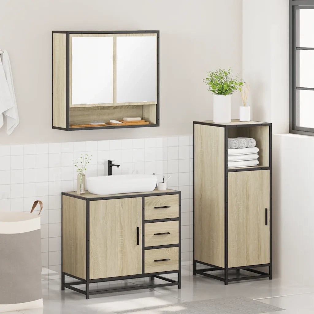 Set Mobili da Bagno 3 pz Rovere Sonoma in Legno Multistrato