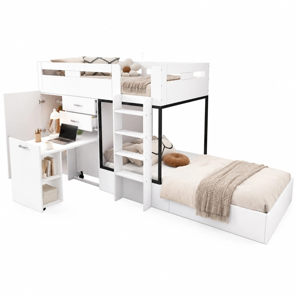 Letto a castello multifunzionale con scrivania estraibile e armadio; 90x200 cm; bianco e nero