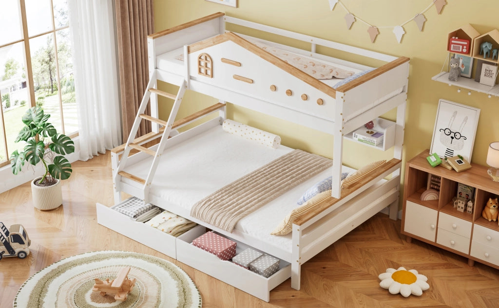 Letto a castello con scale e cassetti - Xylo - 90x200 - Bianco e legno