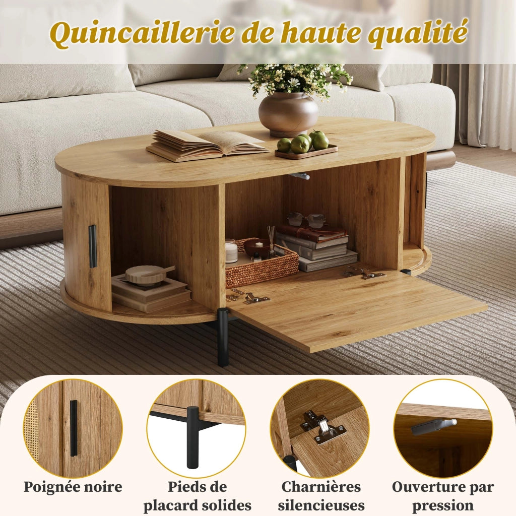 Tavolino da salotto ovale con 3 ante scorrevoli in rattan; vano contenitore; per soggiorno; MDF naturale 100 × 50 × 40 cm