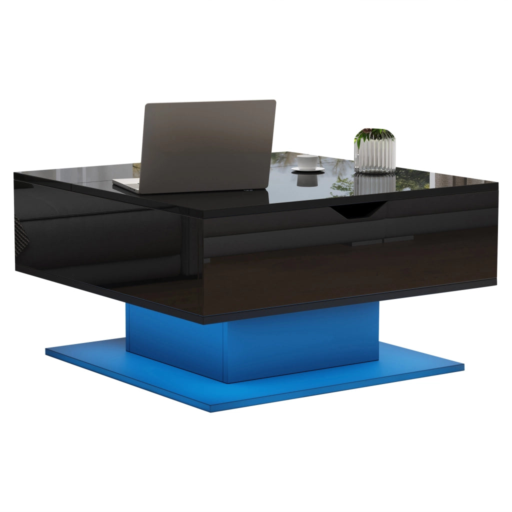 Tavolino da Salotto Sollevabile con LED e 2 Spazi Contenitore; Lucido; in Pannelli di Particelle; 80×75×40 cm; Nero