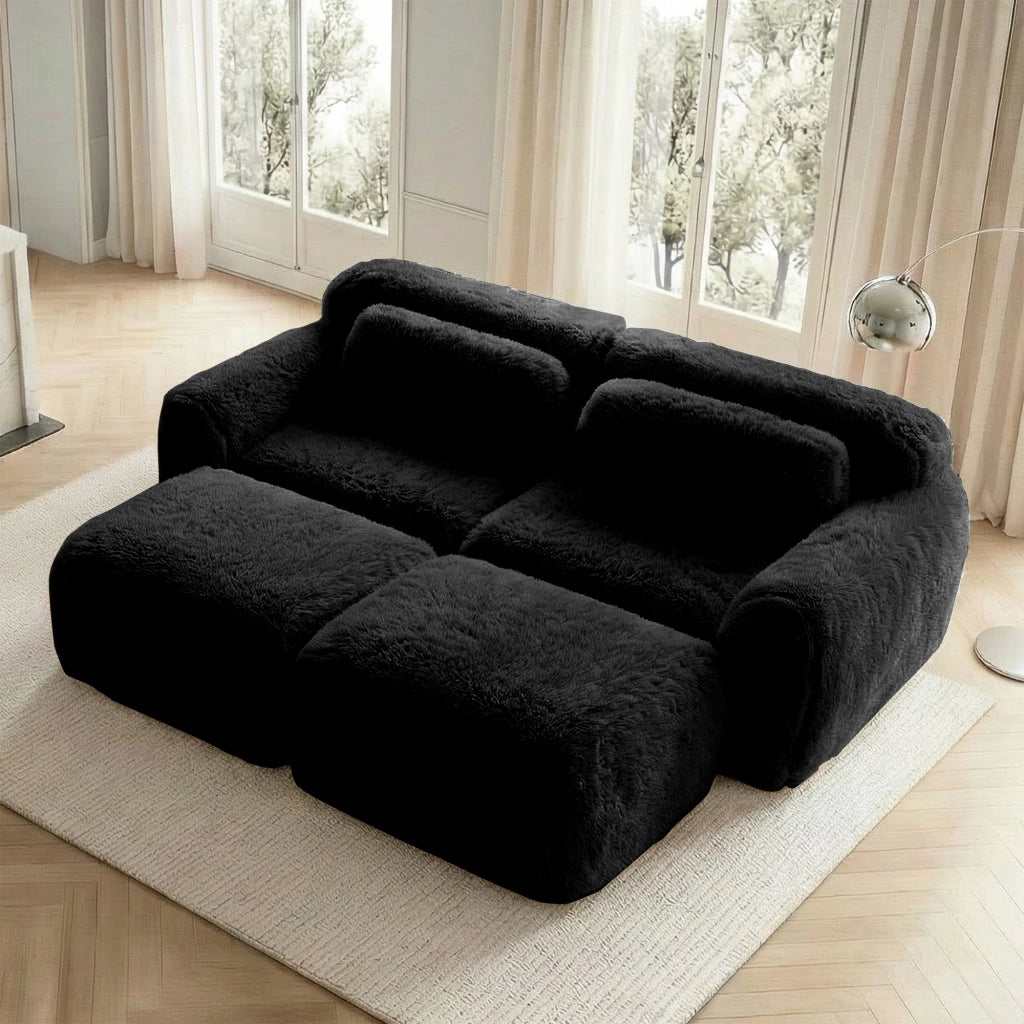 OKWISH Divano Modulare 2 Posti con 2 Pouf, senza Montaggio, Seduta Ampia e Base Antiscivolo, Peluche Nero