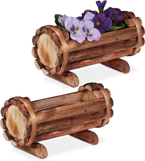 Set di contenitori in legno per piante da 2 vasi a metà, decorazione per giardino all'aperto, piccolo, misura HBD: 11 x 20 x 9 cm, per balcone, naturale