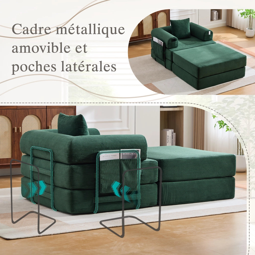 Divano modulare in velluto a coste senza montaggio con pouf, cuscino e tasca laterale, design ergonomico, verde smeraldo