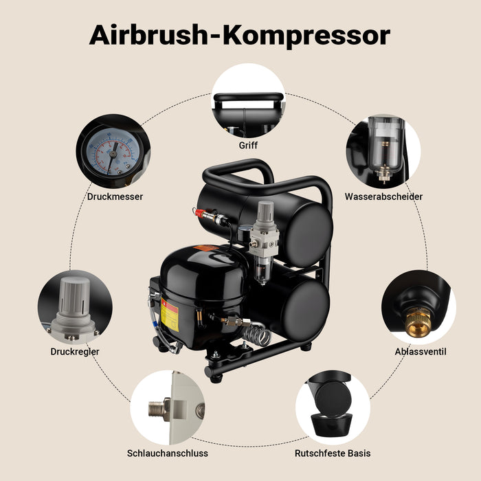 Compressore aerografo HO-826, aria compressa 45-52 l/min, compressore per pistola aerografo, serbatoio olio da 2000 ml, 3-8 bar per aerografia