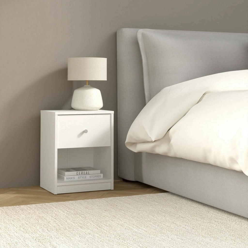 Comodino Kastri, Comò basso, Tavolino da notte, Mensola da letto, 38x30 h48 cm, Bianco