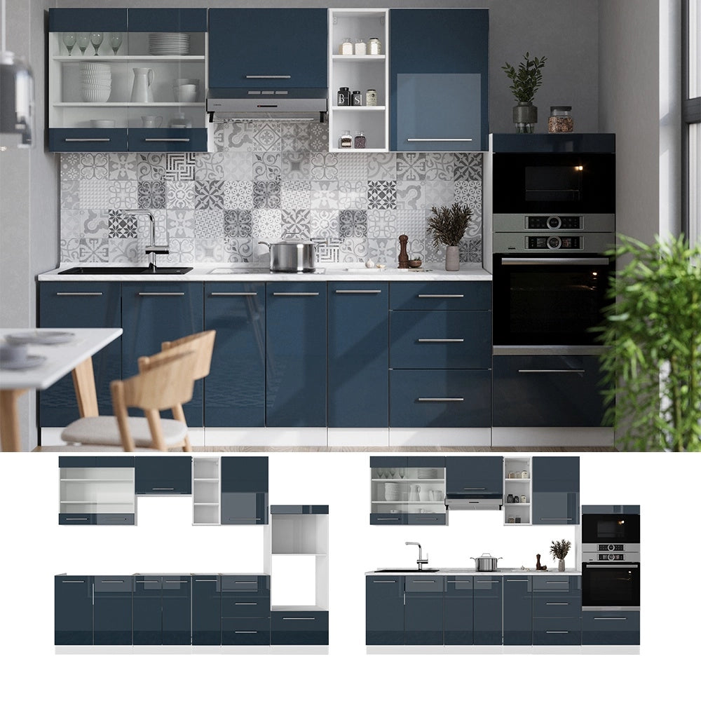 Cucina componibile Fame-Line Blu scuro lucido/Bianco 280 cm, PL Antracite Vicco