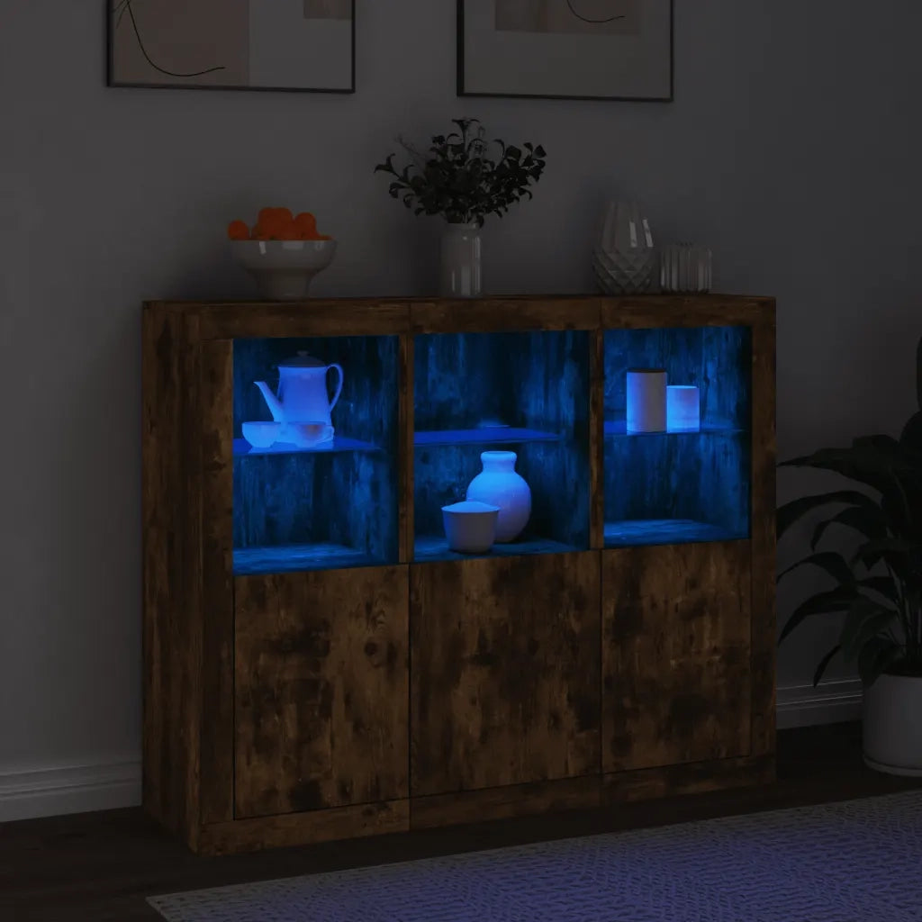 Credenze con Luci LED 3 pz | Madia | Buffet da pranzo | Armadio da pranzo Rovere Fumo in Legno Multistrato