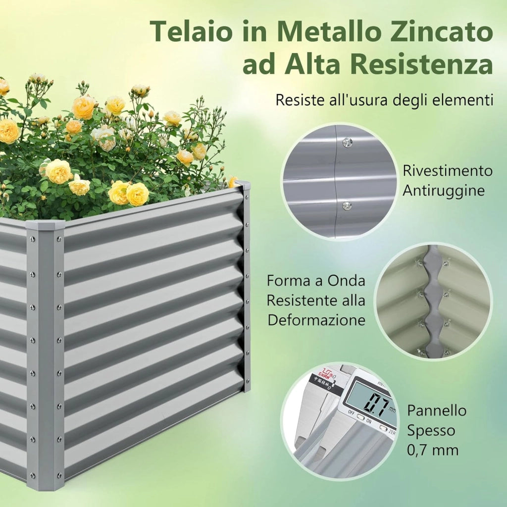 Letto da Giardino Rialzato in Metallo, Orto Rialzato con Design a Fondo Aperto, Protettori d'Angolo Rinforzati, Aiuola Rialzata da Esterno per Verdure, Fiori e Erbe Aromatiche (Grigio)