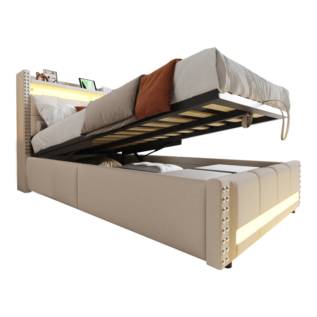 LETTO imbottito singolo 90x200 cm Beige con LED, USB e contenitore