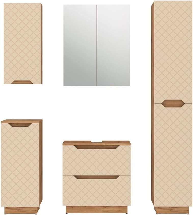 Set di mobili da bagno Lotta, Cachemire, 59.8 cm, composto da mobile sottolavabo, specchiera, colonna, base media e pensile