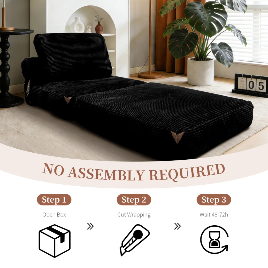 Divano letto pieghevole compatto con supporto ergonomico per piccoli spazi in flanella nera 52.0 × 42.0 × 33.0 cm
