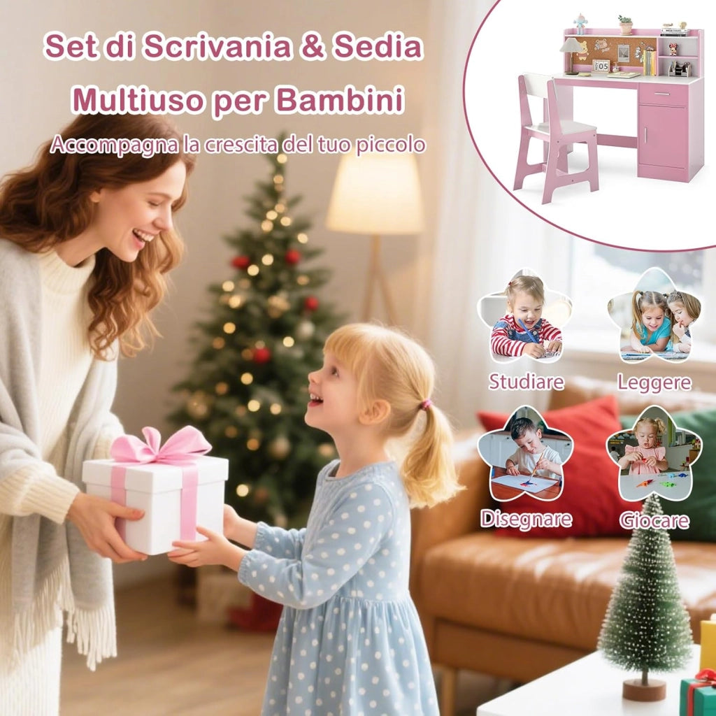 Set Scrivania e Sedia per Bambini 3+ Anni, Tavolo da Scrittura in Legno con Mensole, Cassetto e Bacheca in Sughero, Tavolo e Sedia per Disegno e Studio (Rosa)