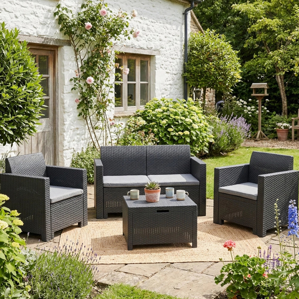 Salottino da esterno Gazania, Set da giardino con cuscini, Salottino  effetto rattan, 100% Made in Italy, Antracite