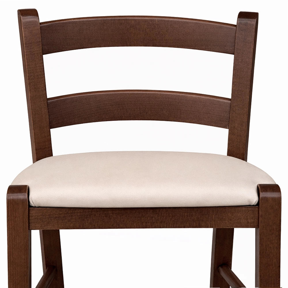 Sgabello in legno noce scuro h 67 seduta imbottita in similpelle beige/crema