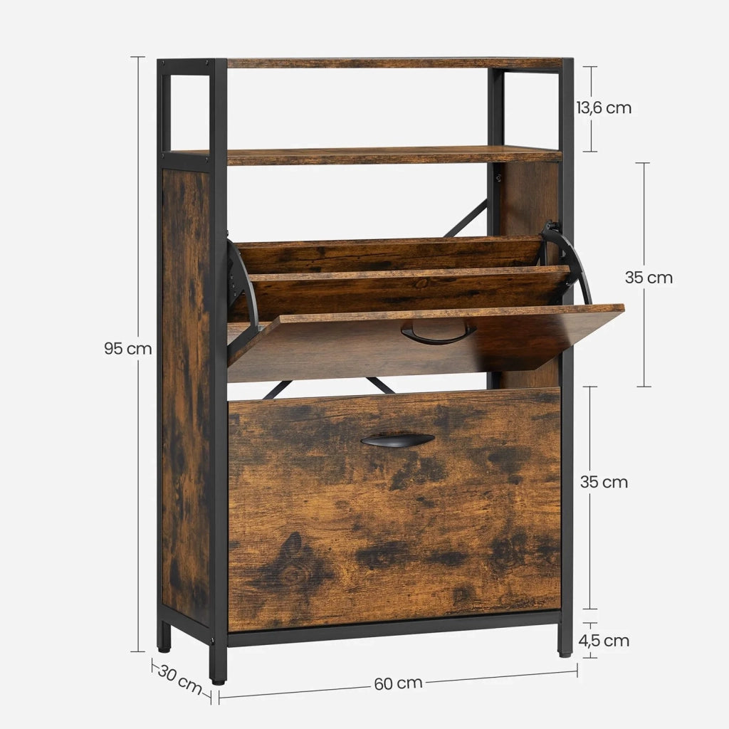 Scarpiera con 2 ante a ribalta mobile contenitore con scomparti aperti e divisori regolabili per ingresso contiene 8-12 paia di scarpe 60 x 30 x 95 cm marrone 12_0006370