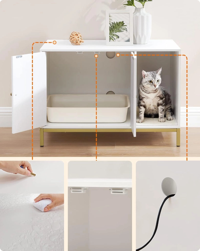 Feandrea Mobile Lettiera per gatti Casa del WC per gatti con tappetino raschiante, piedi alti, tavolino, 80 x 50 x 55 cm, bianco e oro PCL007W01