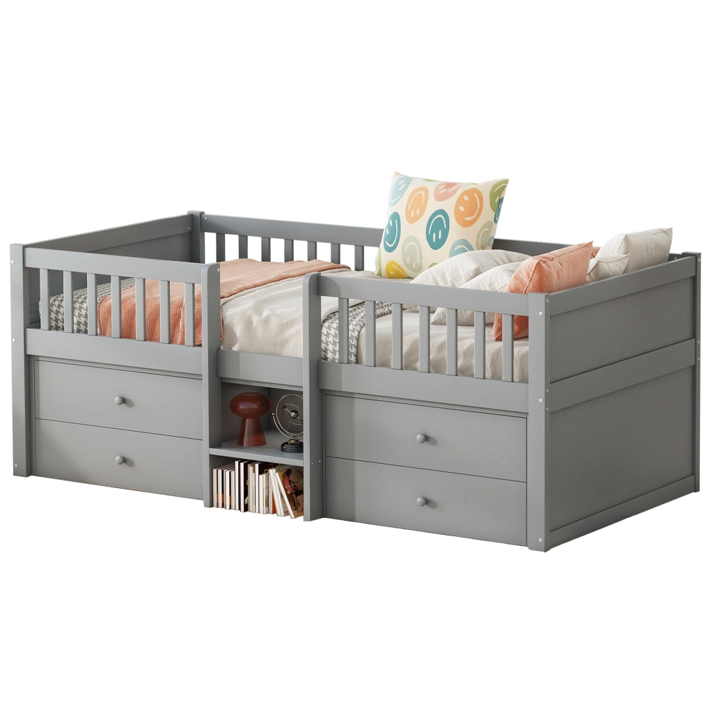 Letto semi-alto 90x200 cm con 4 cassetti; scala e sponde; in legno di pino e MDF; grigio