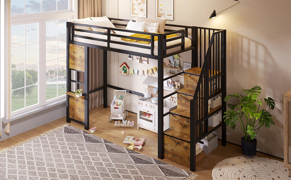 Letto a soppalco 90 × 200 cm con scala contenitore, vano aperto, barriera di sicurezza, senza materasso, in metallo e MDF, nero