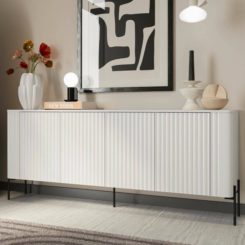 Credenza Laion, Madia da salotto con quattro ante battenti, Rialzata da terra, 190x40 h80 cm, Bianco