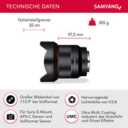 Obiettivo fotografico grandangolare AF 14mm F2,8 compatibile con Sony FE, ultra autofocus con lunghezza focale fissa, per fotocamere mirrorless full-frame e APS-C con attacco E mount