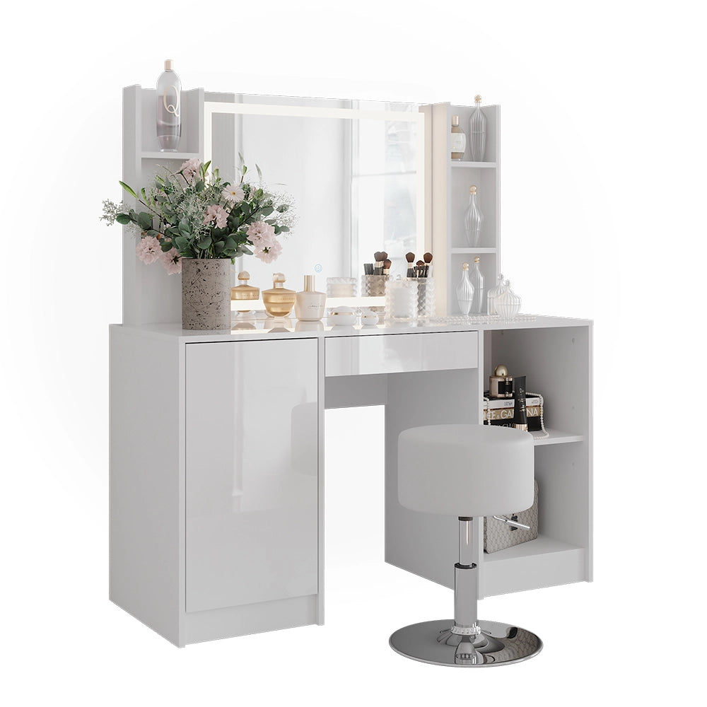 Vicco Tavolo da toeletta Bianco/bianco lucido 128.2 cm con specchio LED e sgabello
