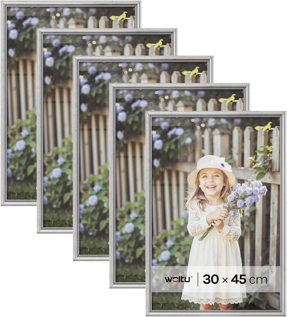 Cornice per Foto 30x45 cm Set di 5 da Parete e Tavolo, Portafoto con Cornice in Legno Massello e Pannello in Plastica, Collage Foto, Argento