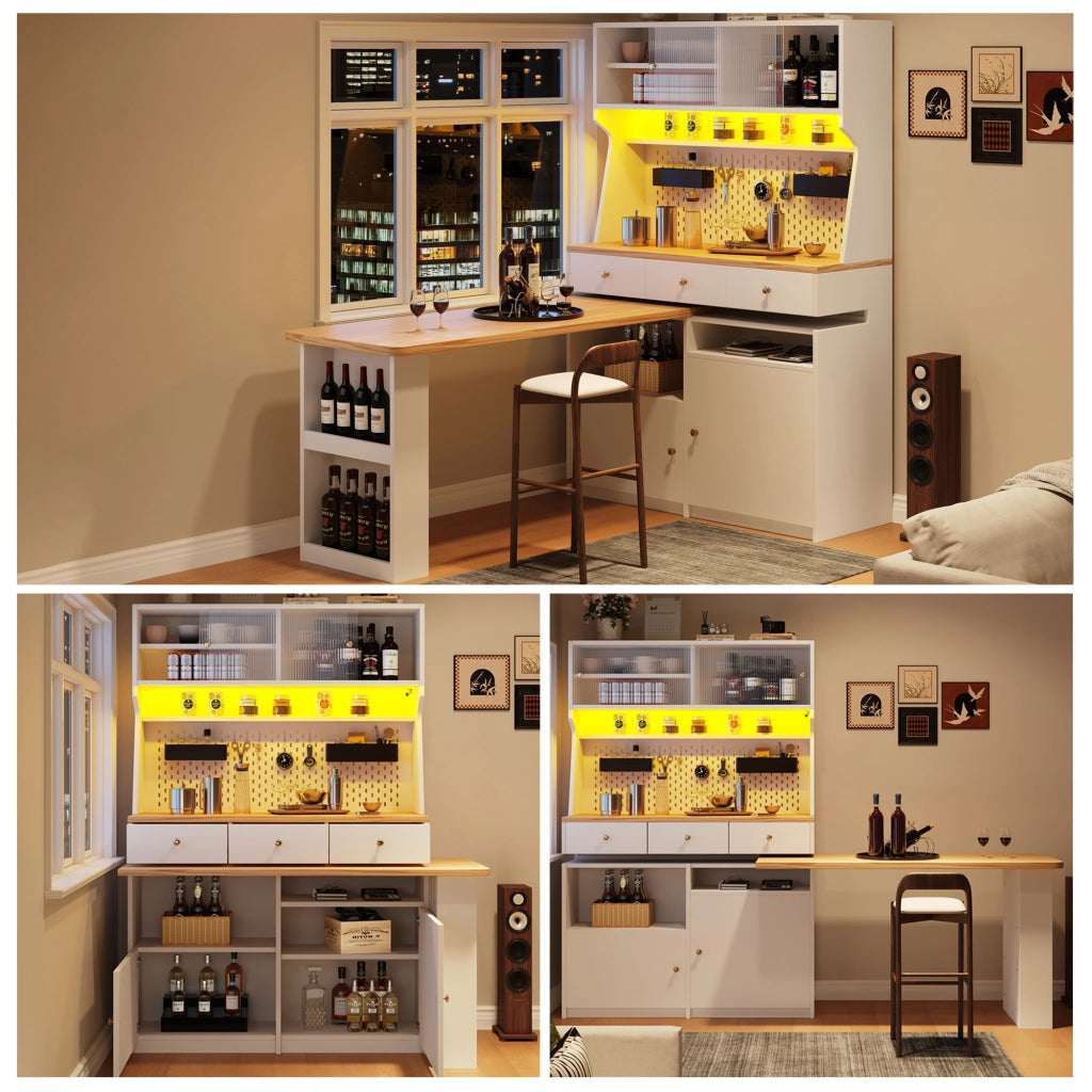 Credenza alta da cucina con piano estraibile e LED; mobile contenitore in MDF per cucina e sala da pranzo; 137×45×178 cm
