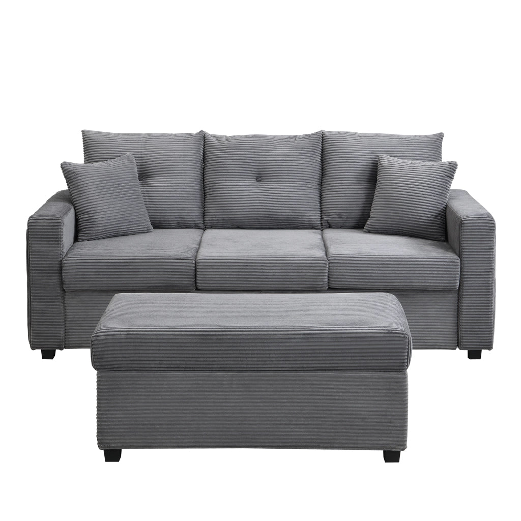 Divano ad angolo modulare con illuminazione LED e pouf versatile, con 2 cuscini, in tessuto corduroy grigio antico